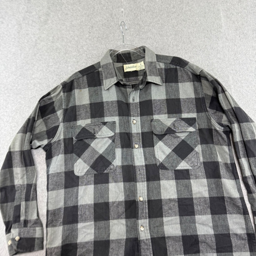 St Johns Bay Flannel Shirt Mens XL Grey Buffalo Plaid Vintage 90s Button Down